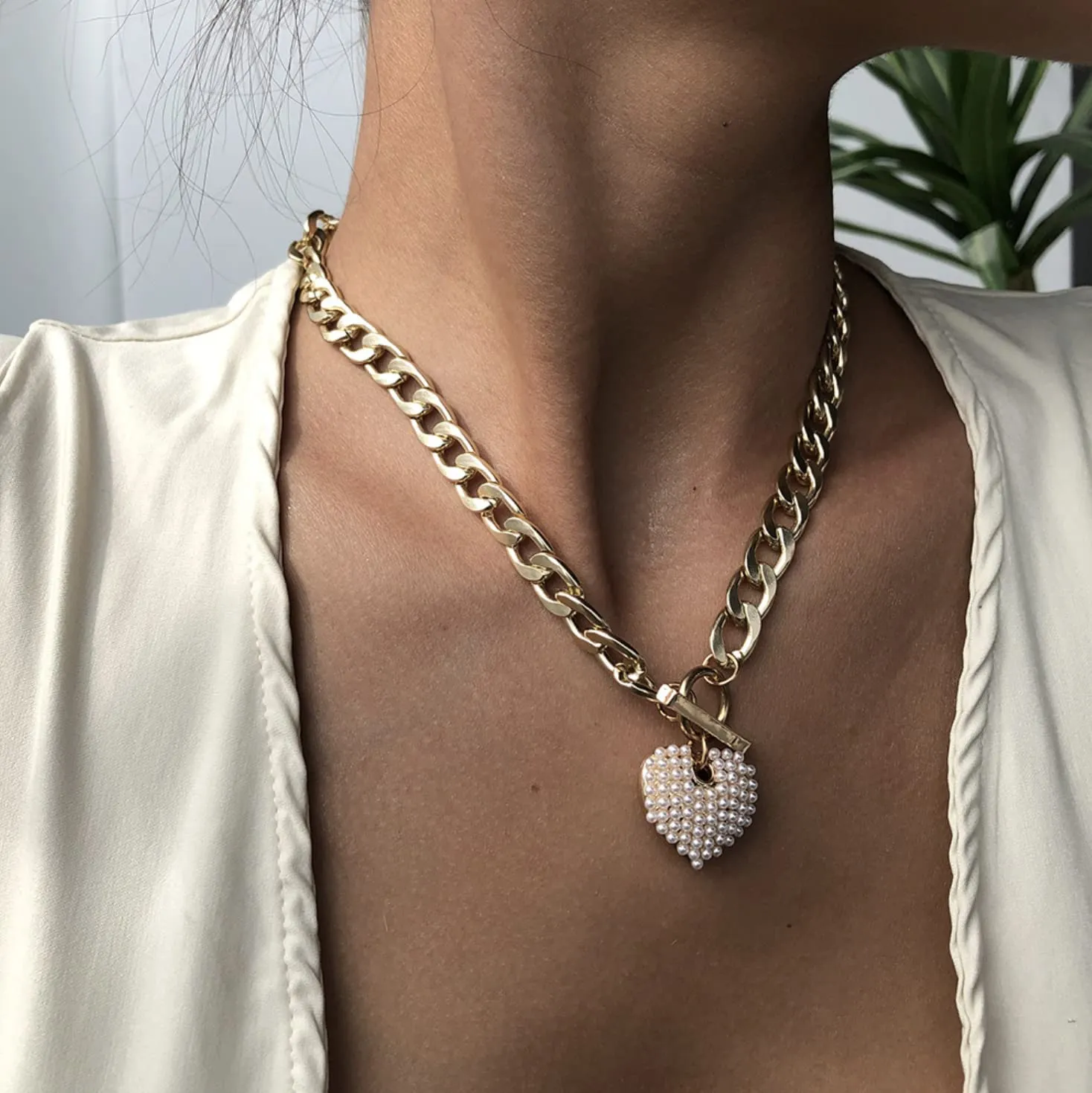 Heart Pearl Charm Gold Chain Link Necklace