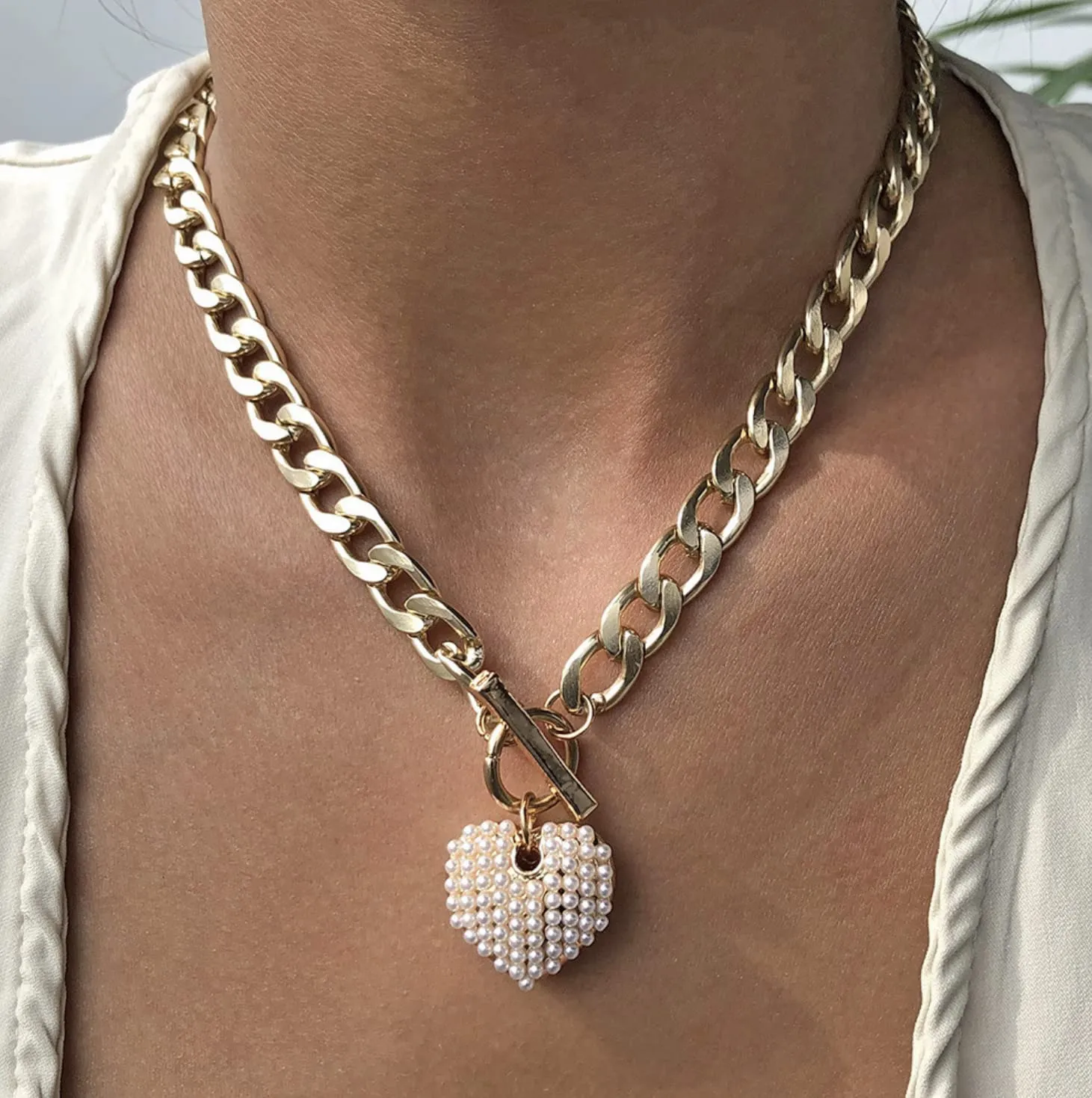 Heart Pearl Charm Gold Chain Link Necklace