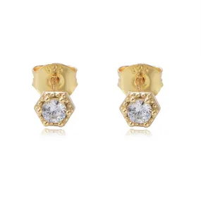 Hexagon with Round Zircon Silver Studs Earrings for Women