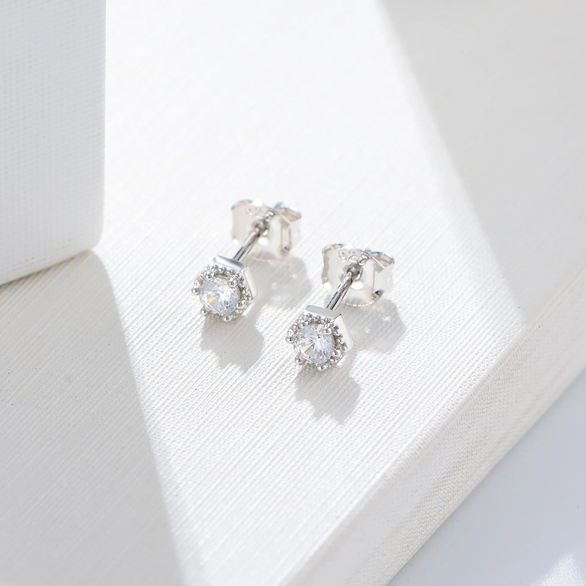 Hexagon with Round Zircon Silver Studs Earrings for Women