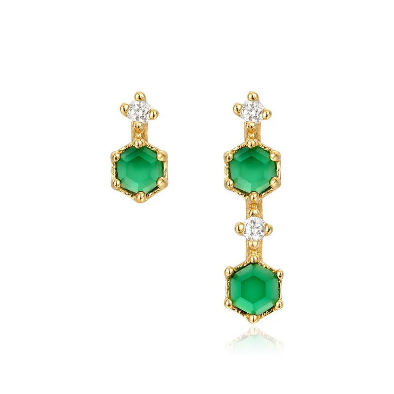 Hexagonal Natural Green Agate Zircon Asymmetric Sterling Silver Earrings