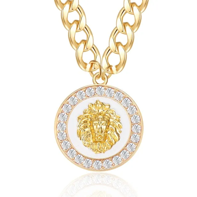 Hiphop Lion Head Choker Necklace Gold Color Statement Alloy Crystal Enamel Pendant Basketball Wives Chunky Chain Costume Jewelry