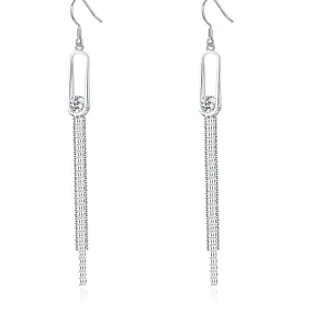 Hollow Oval with Round Zircon Long Tassel Silver Drop Earrings for Women