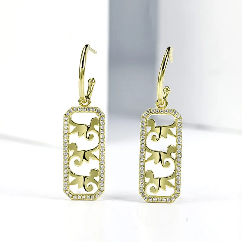 Honeysuckle Pattern with Zircon Hollow Rectangle Silver Drop Earrings for Women