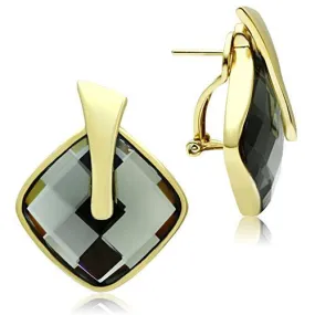 IP Gold(Ion Plating) Brass Earrings with Synthetic Synthetic Glass in Black Diamond for Women Black Diamond Stone Color Style GL342