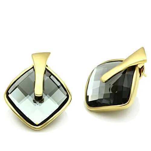 IP Gold(Ion Plating) Brass Earrings with Synthetic Synthetic Glass in Black Diamond for Women Black Diamond Stone Color Style GL342