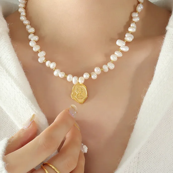 Irregular Portrait Coin Pendant Pearl Necklace