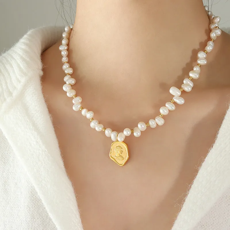 Irregular Portrait Coin Pendant Pearl Necklace