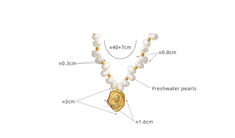 Irregular Portrait Coin Pendant Pearl Necklace