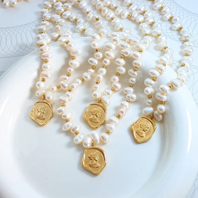 Irregular Portrait Coin Pendant Pearl Necklace