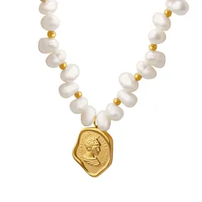 Irregular Portrait Coin Pendant Pearl Necklace