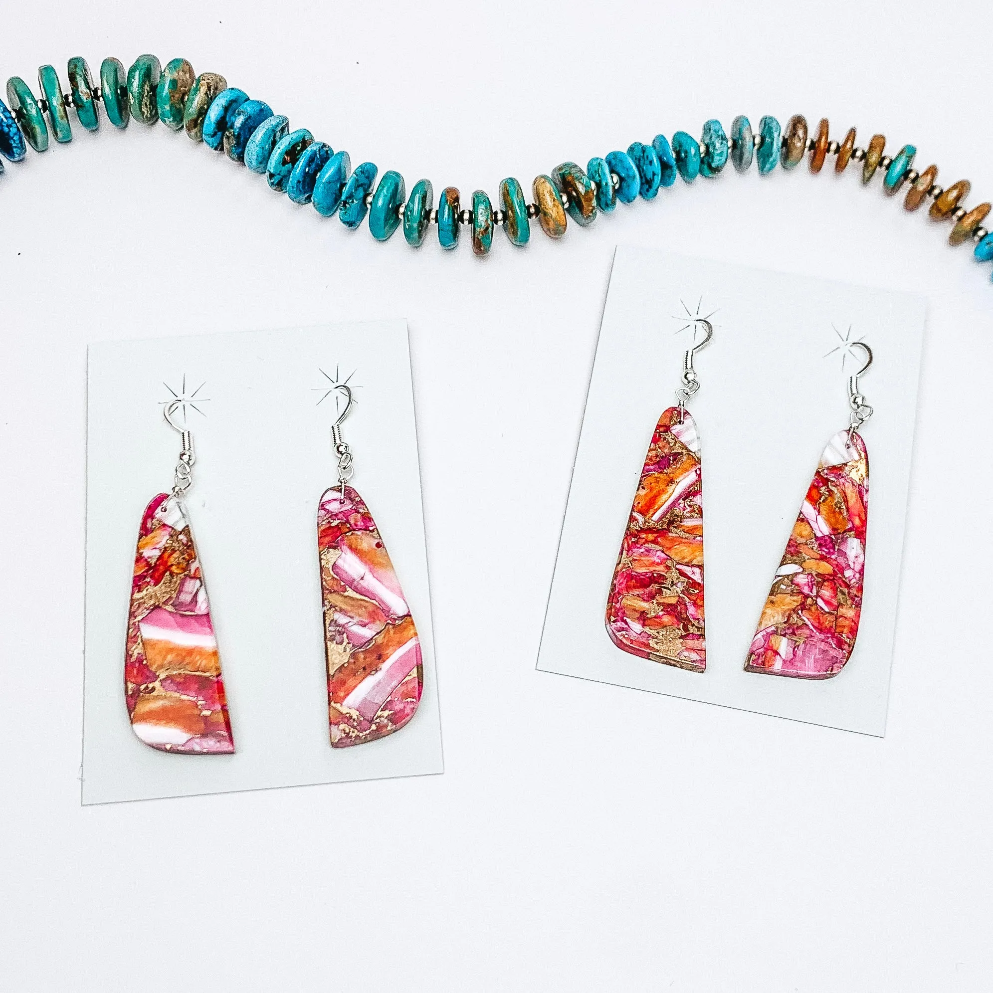 Jamison Pete | Navajo Handmade Turquoise and Pink Dhalia Remix Long Trapezoidal Slab Earrings