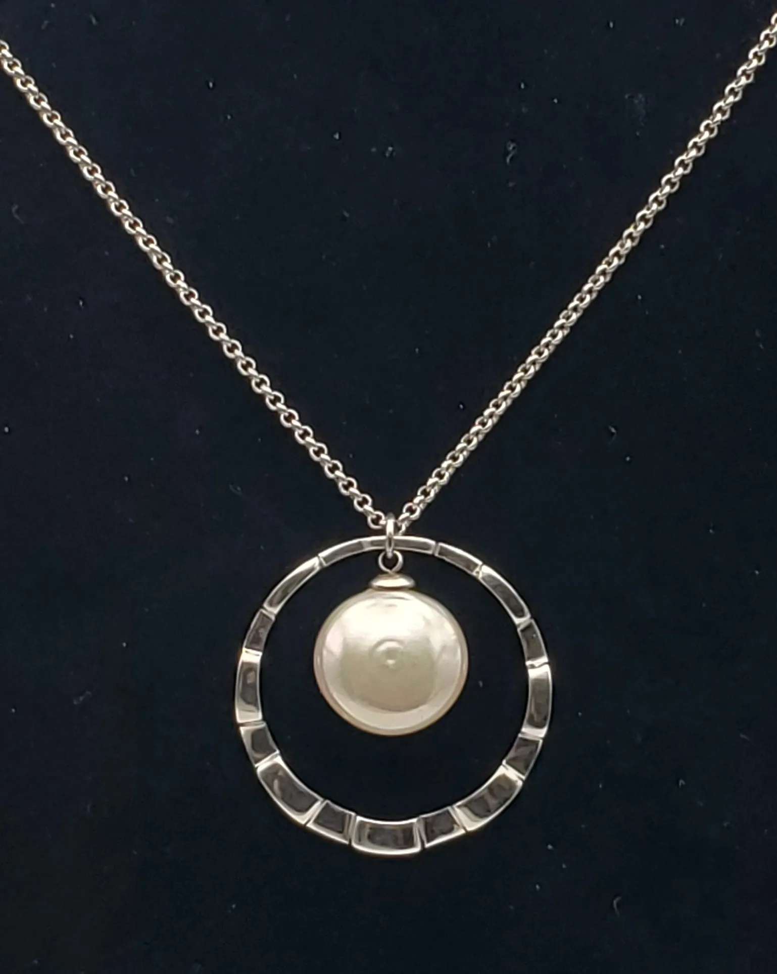 Large Faux Button Pearl Modern Sterling Silver Pendant on Sterling Silver Chain Necklace