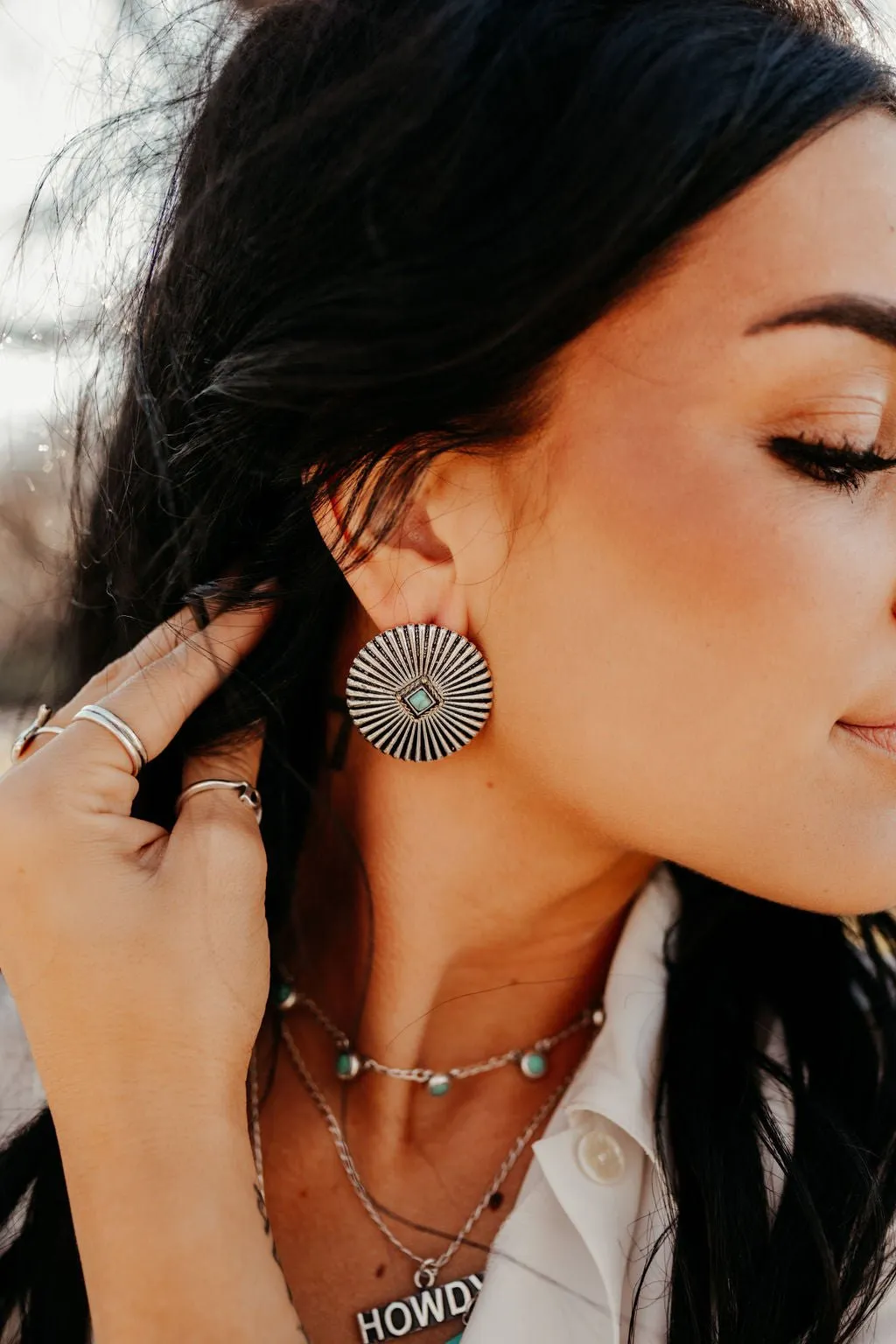 Large Silver Burst and Turquoise Earrings