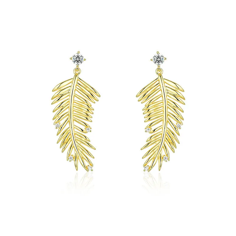 Leaf with Zircon Silver Drop Earrings for Women