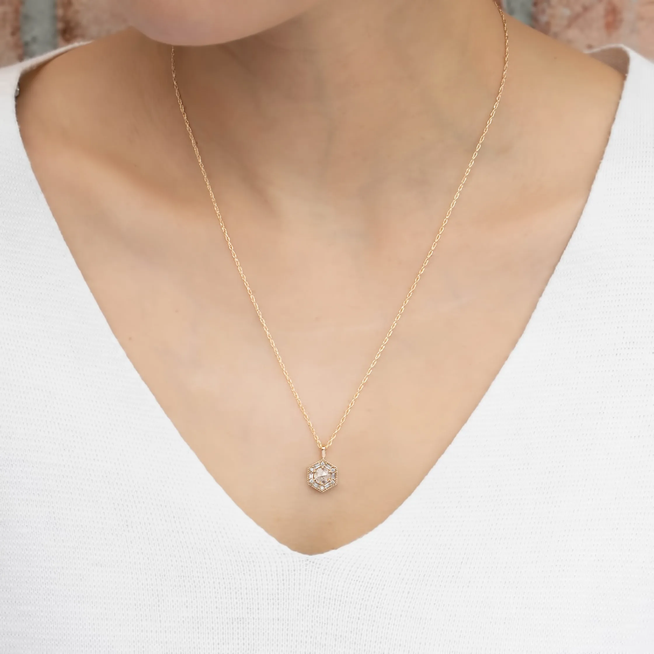 Lila Hexagon Necklace - 5mm Rosecut Diamond Necklace, 14k yellow gold (One of a kind)