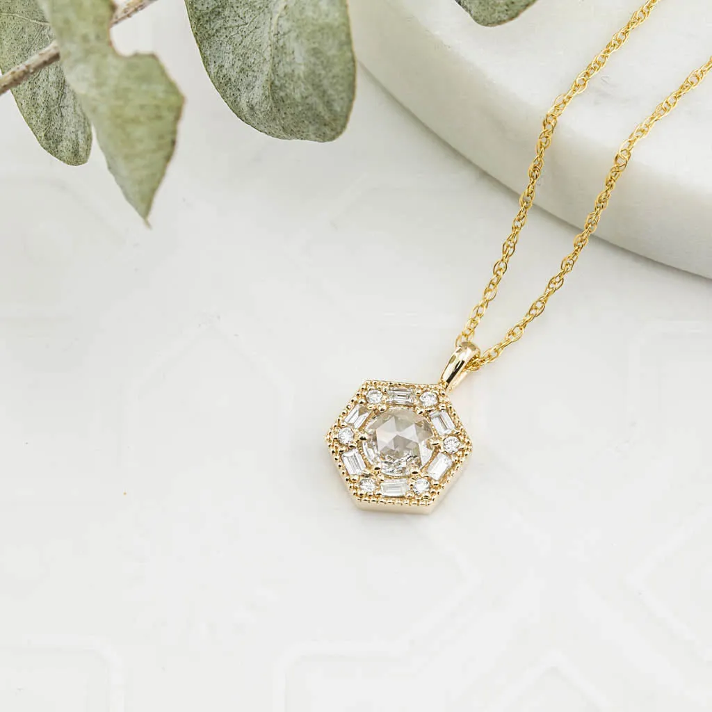 Lila Hexagon Necklace - 5mm Rosecut Diamond Necklace, 14k yellow gold (One of a kind)