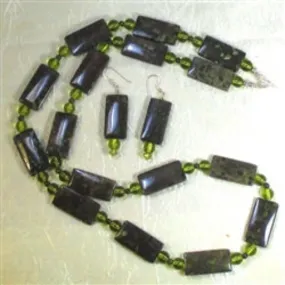 Long Green Jasper Gemstone Necklace & Earrings