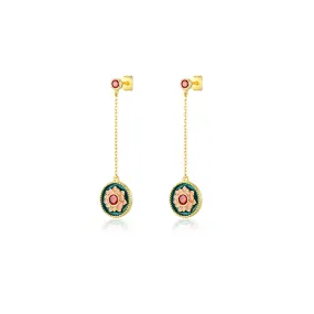 Lotus Pattern Series Enamel with Red Zircon Tassel Silver Drop Earrings for Women