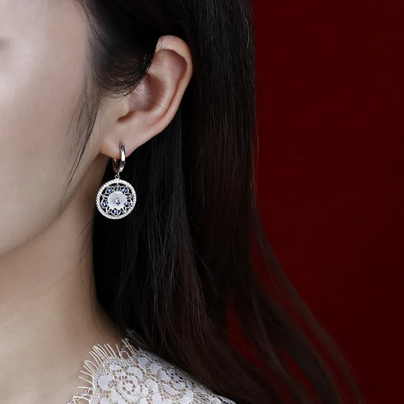 Lotus Pattern Series Mother-of-pearl with Zircon Flower Hollow Circle Silver Hoop Earrings for Women