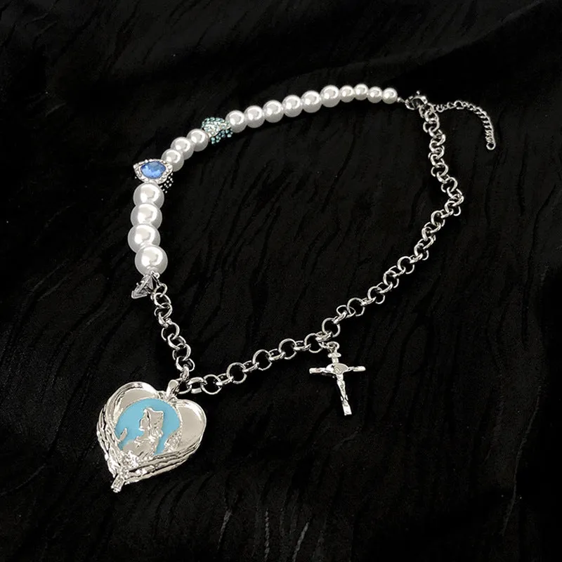 Love Pearl Stitching Gem Cross Clavicle Chain Female Fashion Ornament Necklace