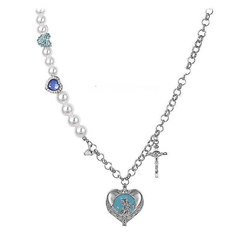 Love Pearl Stitching Gem Cross Clavicle Chain Female Fashion Ornament Necklace