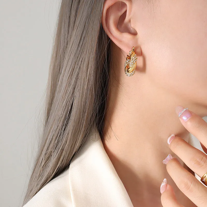 Luxurious U-Shaped Gold-Plated Zircon Twist Earrings with Titanium Steel - Elegant Ear Accessory