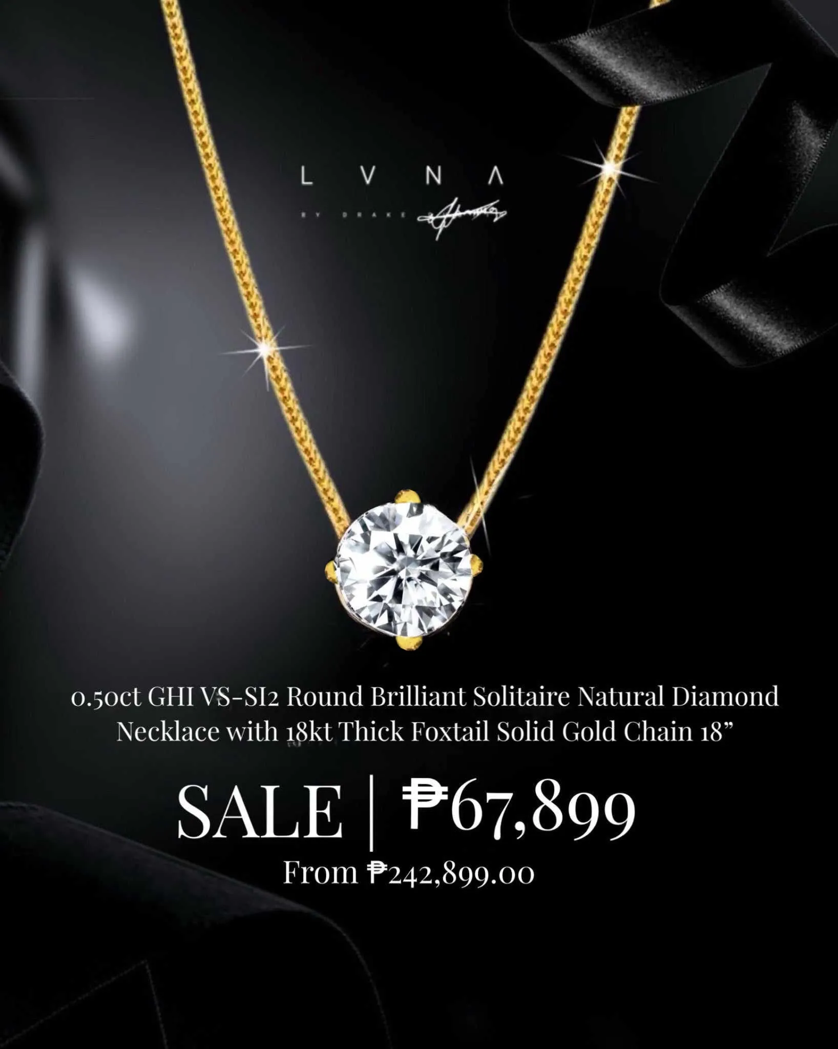 #LVNA2024 | 0.50ct GHI VS-SI2 Round Brilliant Solitaire Natural Diamond Necklace with 18kt Thick Foxtail Solid Gold Chain 18”