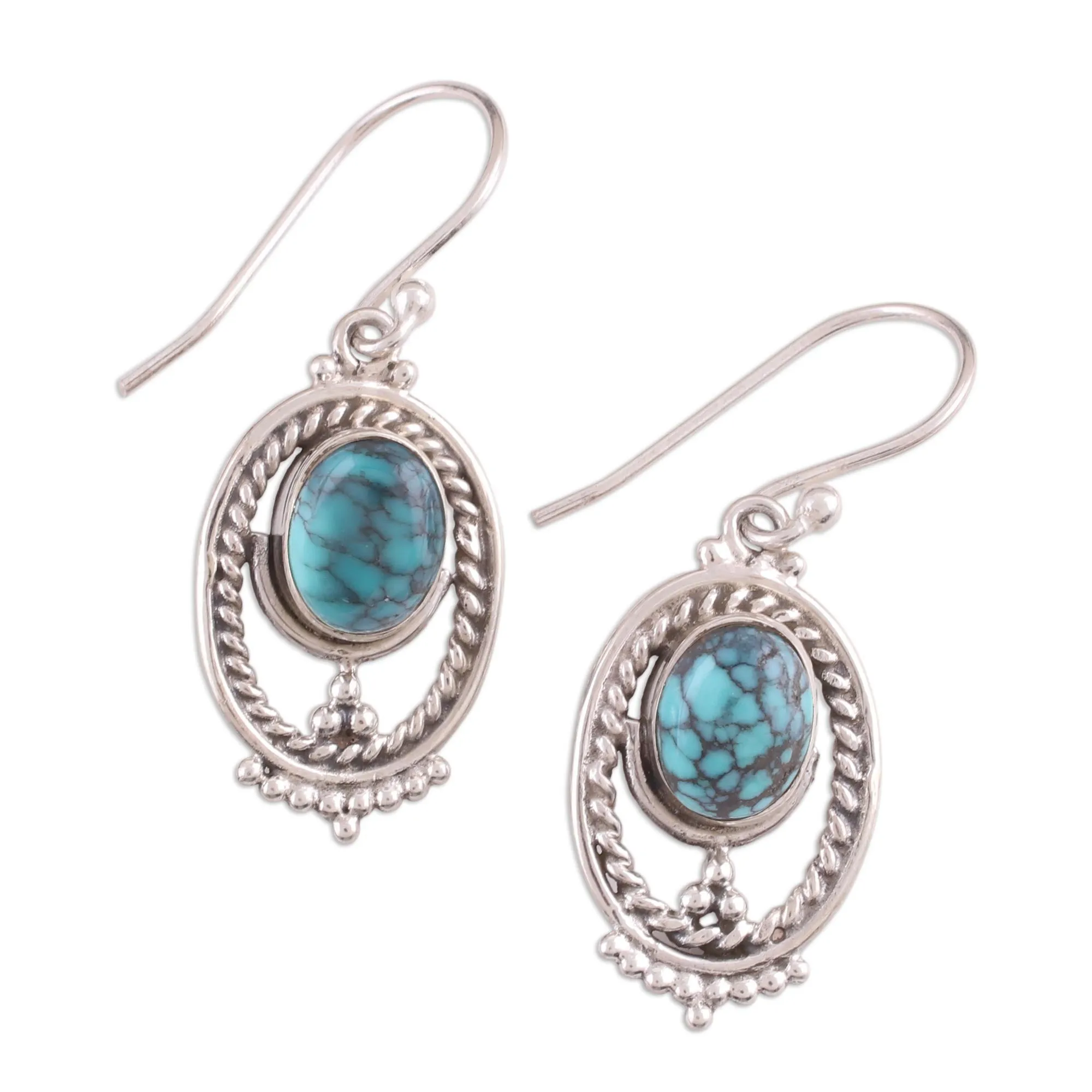 Majestic Ovals Oval Silver and Composite Turquoise Earrings from India