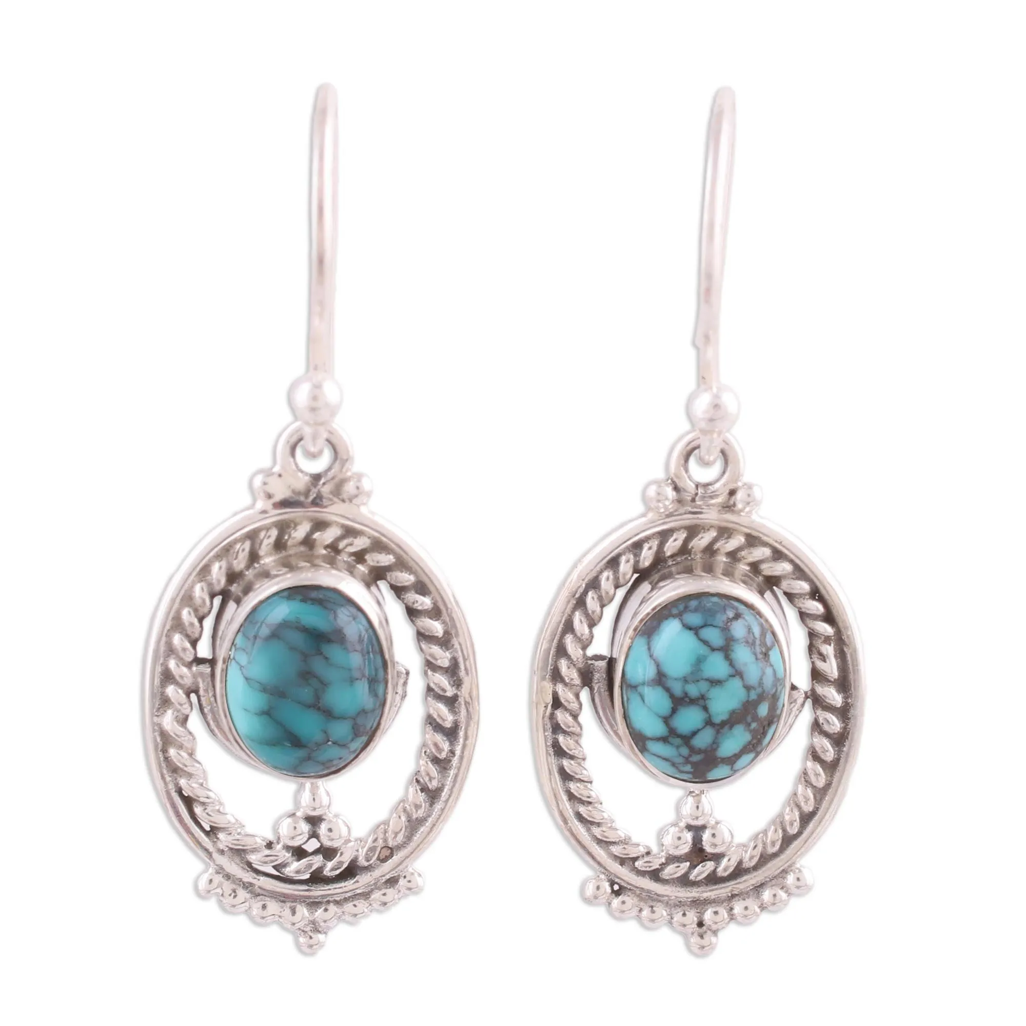 Majestic Ovals Oval Silver and Composite Turquoise Earrings from India