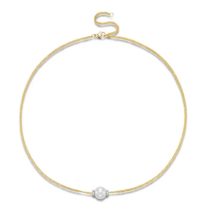 Mastoloni 9-9.5mm Pearl Flanked by Diamond rondels with Double Chain in 18K Yellow Gold