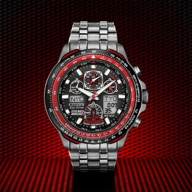 Mens Combo Radio Controlled Global Red Arrows Skyhawk A.T Super Titanium Watch JY8110-51E