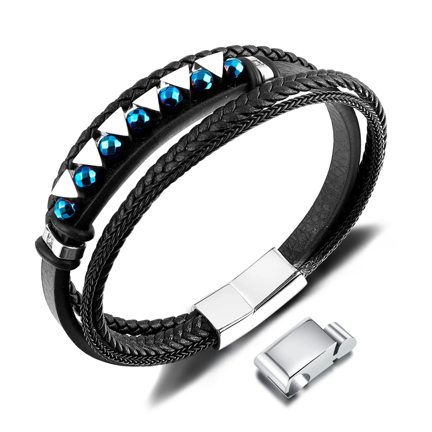 Men's Leather Bracelet with Blue Crystal Accents – Elegant Multi-Strand Design, Secure Magnetic Clasp