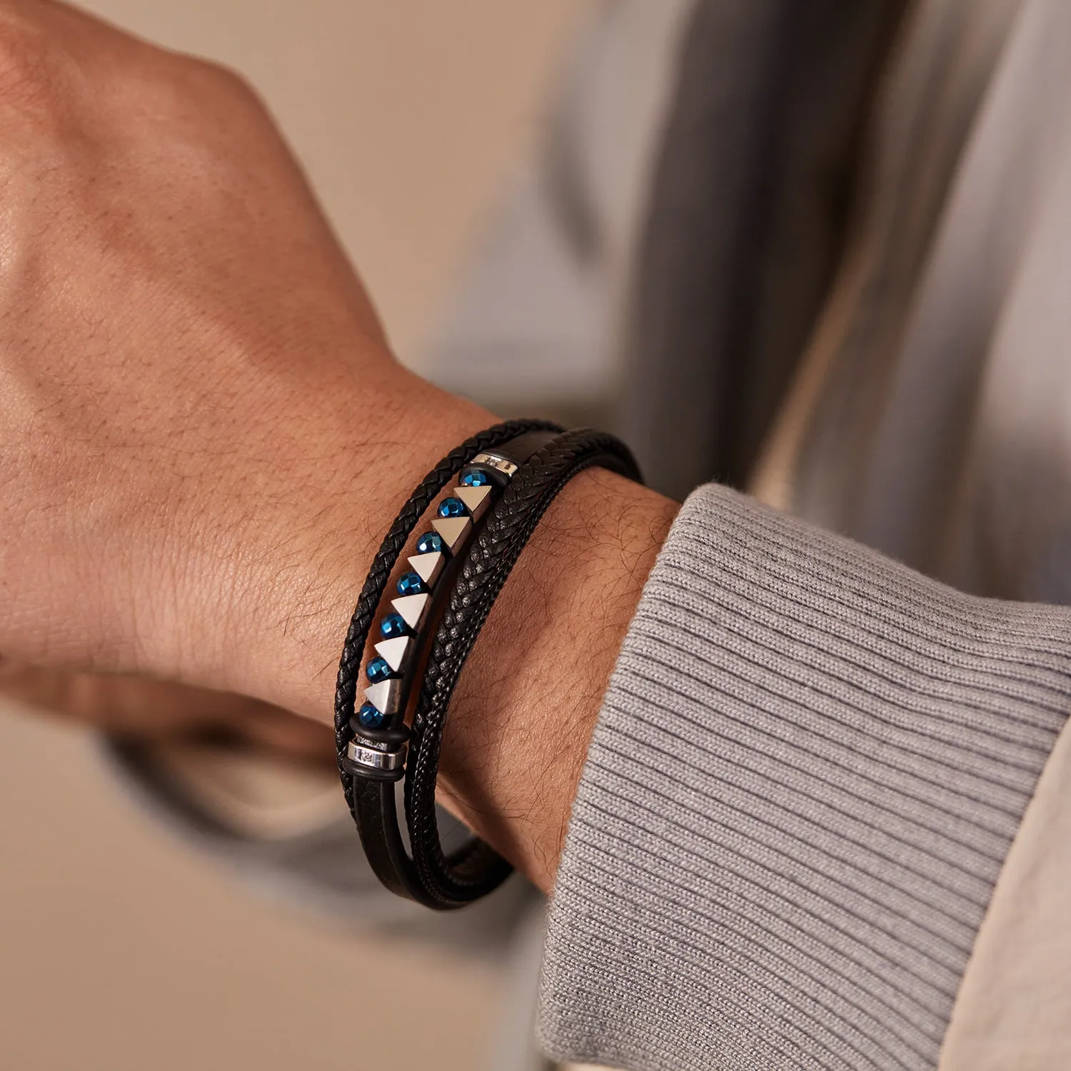 Men's Leather Bracelet with Blue Crystal Accents – Elegant Multi-Strand Design, Secure Magnetic Clasp