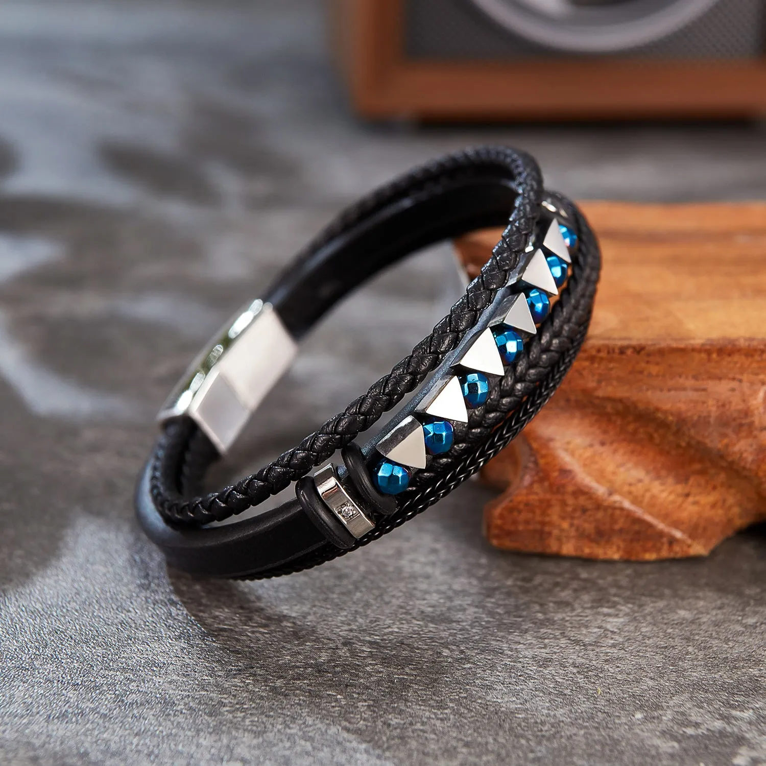 Men's Leather Bracelet with Blue Crystal Accents – Elegant Multi-Strand Design, Secure Magnetic Clasp