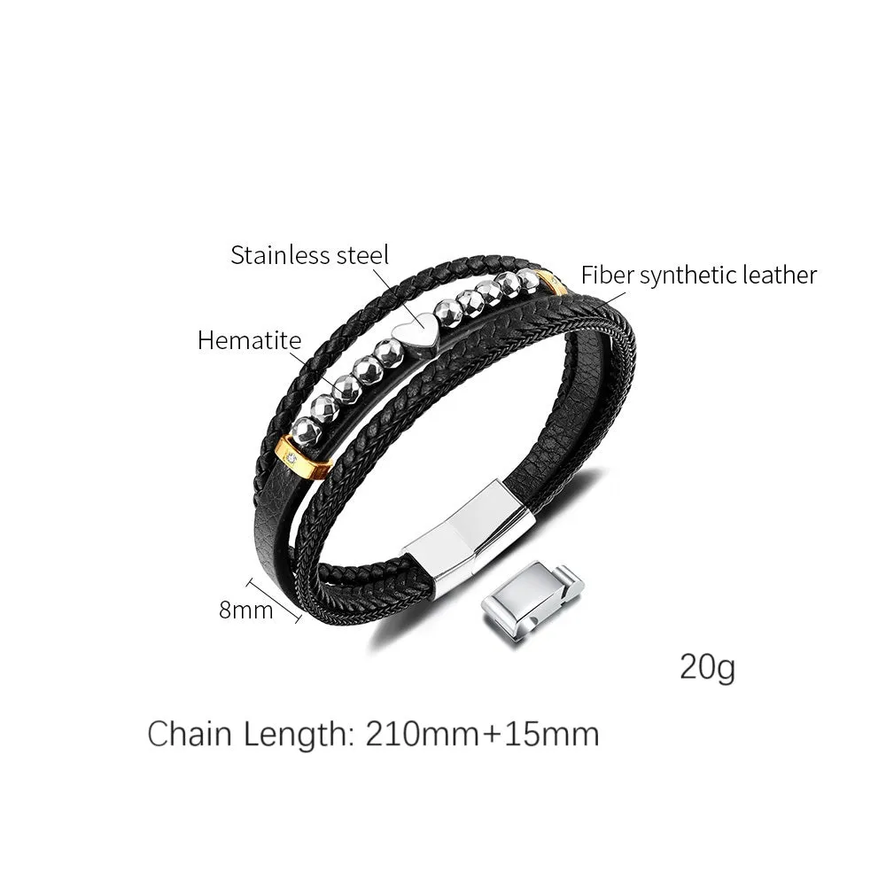 Men's Multi-Strand Leather Bracelet with Heart and Stainless Steel Beads – Stylish, Magnetic Closure