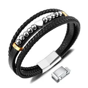 Men's Multi-Strand Leather Bracelet with Heart and Stainless Steel Beads – Stylish, Magnetic Closure