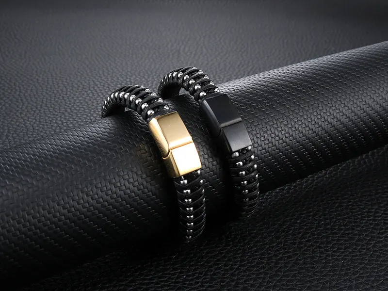 Men's Retro Stainless Steel Leather Rope Bracelet - Fashionable Wholesale Jewelry from Planderful