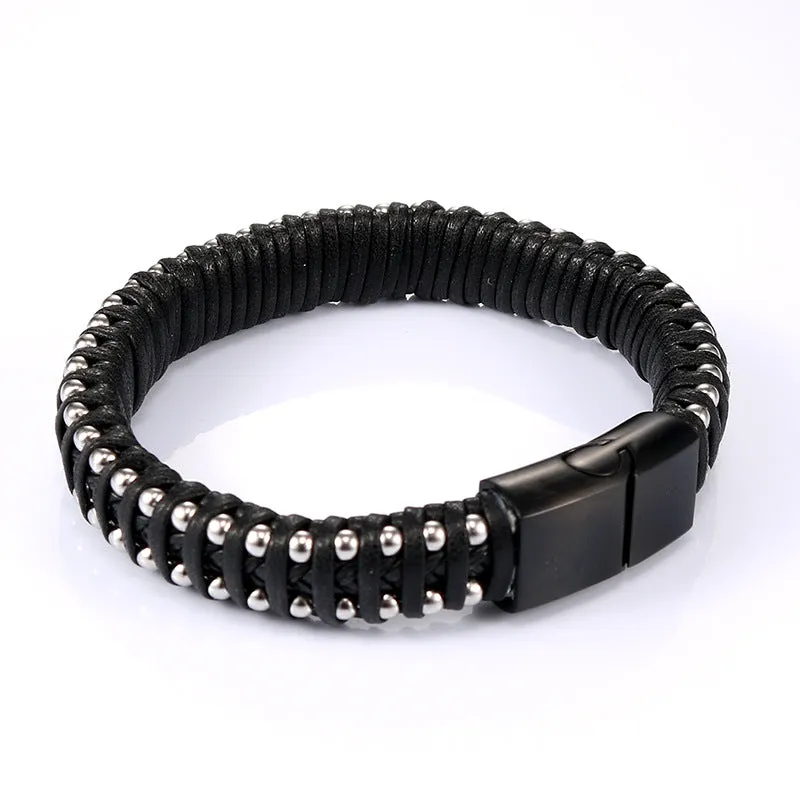 Men's Retro Stainless Steel Leather Rope Bracelet - Fashionable Wholesale Jewelry from Planderful