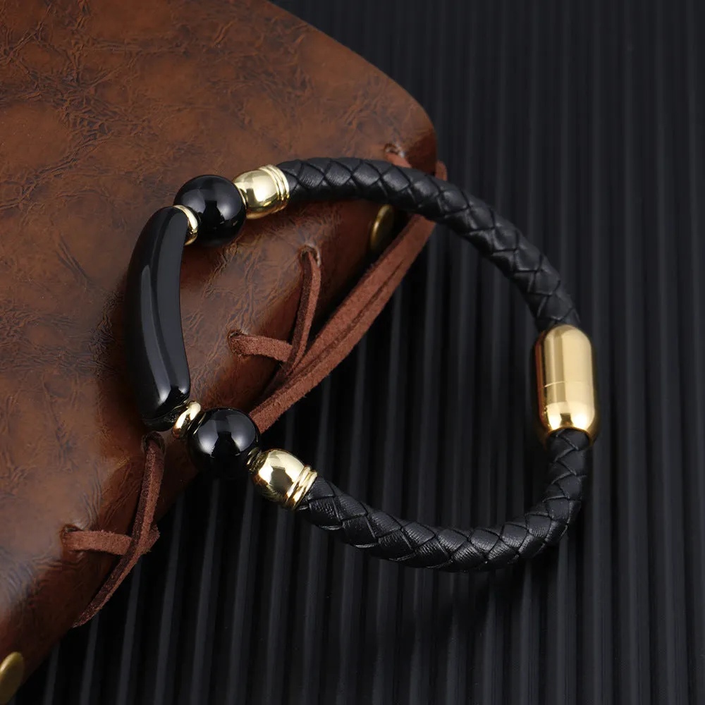 Men's Simple European Style Leather Stainless Steel Bracelet