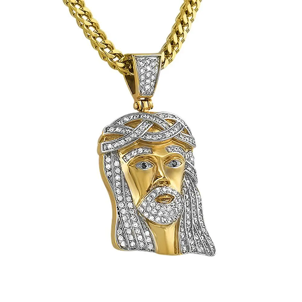 Micro Classic Gold Jesus Piece Pendant Iced Out Steel