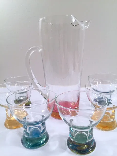 Mid-Century Vintage Rainbow Martini Pitcher with 6 low-ball glasses (1 Pitcher and 6 Low-Ball Glasses)