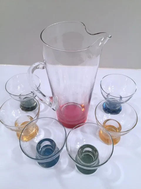 Mid-Century Vintage Rainbow Martini Pitcher with 6 low-ball glasses (1 Pitcher and 6 Low-Ball Glasses)