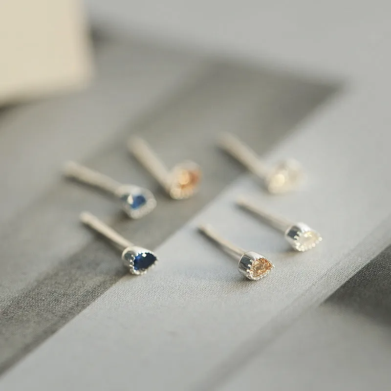 Mini Colourful Water Drops Zircon Silver Stud Earrings for Women