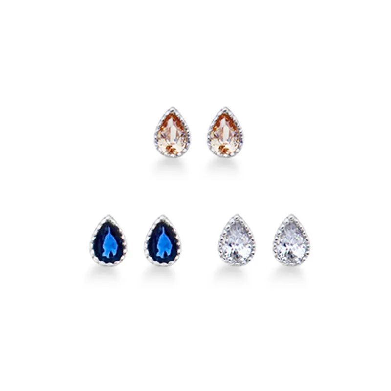 Mini Colourful Water Drops Zircon Silver Stud Earrings for Women