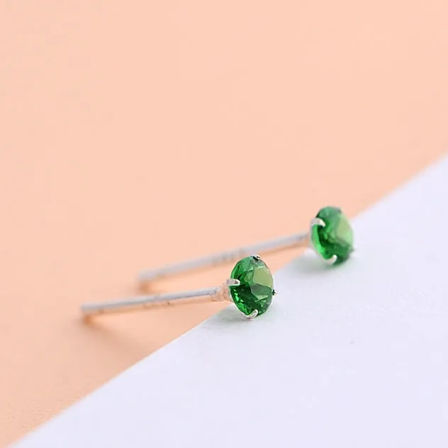 Mini Four Prongs Colourful Zircon Silver Stud Earrings for Women