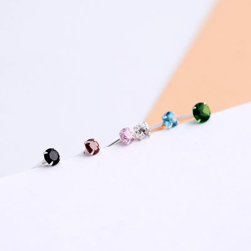 Mini Four Prongs Colourful Zircon Silver Stud Earrings for Women