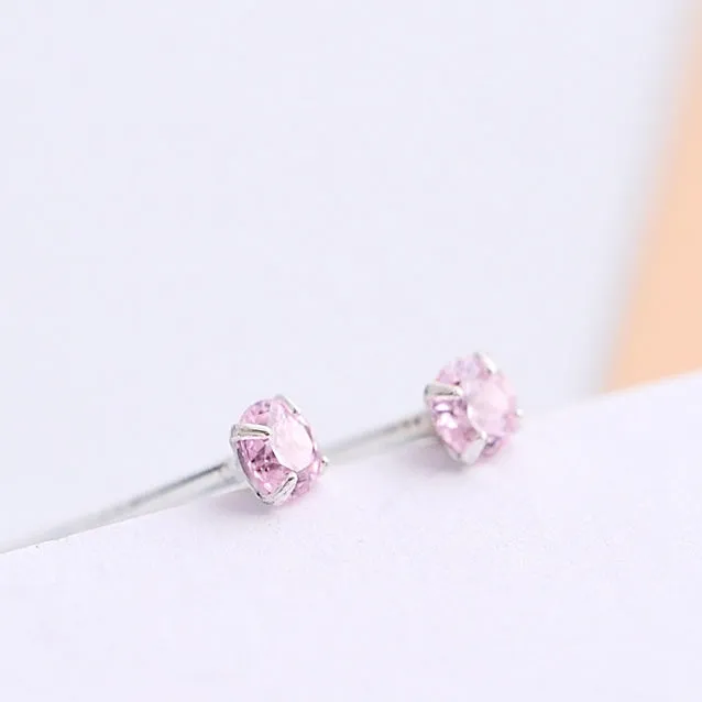 Mini Four Prongs Colourful Zircon Silver Stud Earrings for Women