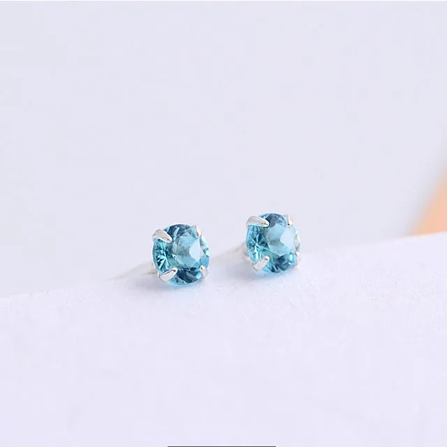 Mini Four Prongs Colourful Zircon Silver Stud Earrings for Women