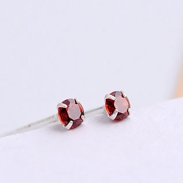 Mini Four Prongs Colourful Zircon Silver Stud Earrings for Women